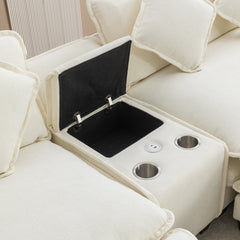 111" Sectional Sofa Chenille Upholstered Sofa with Two Removable Ottoman, Two USB Ports, Two Cup Holders and Large Storage Box for Living Room , Beige