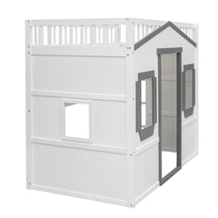 Twin Size House Loft Bed With Ladder-White+Gray Frame