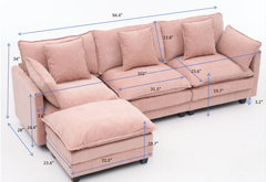 pink color 3-seat combo sofa with storage ottoman for living room apartment bedroom and compact room, Upholstered sectional Couch, L Shaped Bench with a footrest