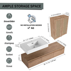 60 inch Wall-Mounted Bathroom Vanity with Resin Sink and 2-Side Cabinet, 3-Soft Close Drawer, Float Mounting Design
