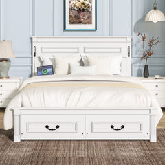 Queen Size Bed with Tall-Panel Headboard & Footboard, 2 Storage Drawers, Built-in LED Lights, USB Charging Station, Pinewood Bed with Strengthened Bed Frame,White