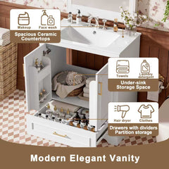 30" Bathroom Vanity with Sink, MDF and Solid Wood Frame, 1 Divider Drawer and 2 Soft-close Doors (Double Shelf on Door), Freestanding Vanity
