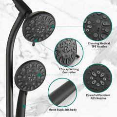 Drill-Free Stainless Steel Slide Bar Combo Rain Showerhead 7-Setting Hand, Dual Shower Head Spa System with Tup Spout (Rough-in Valve Included)