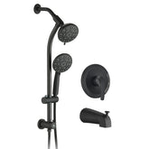 Drill-Free Stainless Steel Slide Bar Combo Rain Showerhead 7-Setting Hand, Dual Shower Head Spa System with Tup Spout (Rough-in Valve Included)