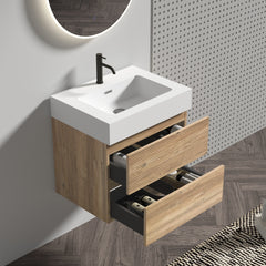 Grace 24 Rough Oak+Rough Oak Bathroom Vanity with White Glossy Engineered Quartz Sink and Soft Drawers, Wall Mounted Floating Bathroom Vanity for Modern Bathroom, without drainage and faucet, KD