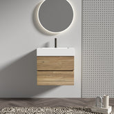 Grace 24 Rough Oak+Rough Oak Bathroom Vanity with White Glossy Engineered Quartz Sink and Soft Drawers, Wall Mounted Floating Bathroom Vanity for Modern Bathroom, without drainage and faucet, KD