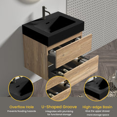 Grace 24' Bathroom Vanity with Oak Engineered Quartz Sink and Soft Black Drawers, Wall Mounted Floating Bathroom Vanity for Modern Bathroom, One-Piece Matt Black Basin without drainage and faucet, KD