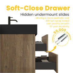 Grace 24' Bathroom Vanity with Oak Engineered Quartz Sink and Soft Black Drawers, Wall Mounted Floating Bathroom Vanity for Modern Bathroom, One-Piece Matt Black Basin without drainage and faucet, KD
