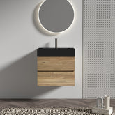 Grace 24' Bathroom Vanity with Oak Engineered Quartz Sink and Soft Black Drawers, Wall Mounted Floating Bathroom Vanity for Modern Bathroom, One-Piece Matt Black Basin without drainage and faucet, KD