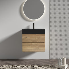 Grace 24' Bathroom Vanity with Oak Engineered Quartz Sink and Soft Black Drawers, Wall Mounted Floating Bathroom Vanity for Modern Bathroom, One-Piece Matt Black Basin without drainage and faucet, KD