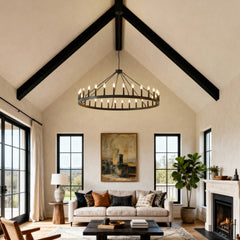 53.15 Inch Matte Black Wagon Wheel Chandelier With 30 Light (No Bulbs)-E12