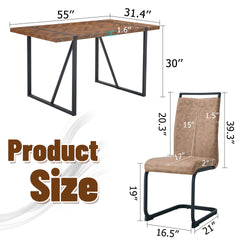 Table and chair set.A retro rectangular dining table with fishbone patterned MDF desktop and black metal legs.Paired With 4 Brown technology fabric chairs with Featuring arched black legs.