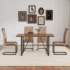 Table and chair set.A retro rectangular dining table with fishbone patterned MDF desktop and black metal legs.Paired With 4 Brown technology fabric chairs with Featuring arched black legs.