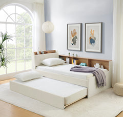 Twin Size Upholstery Velvet Height Adjustable Day Bed with Storage Headboard and Wireless Charging, Multi-functional Daybed with Trundle Bed & LED Lights, Beige