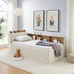 Twin Size Upholstery Velvet Height Adjustable Day Bed with Storage Headboard and Wireless Charging, Multi-functional Daybed with Trundle Bed & LED Lights, Beige