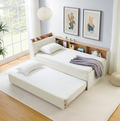 Twin Size Upholstery Velvet Height Adjustable Day Bed with Storage Headboard and Wireless Charging, Multi-functional Daybed with Trundle Bed & LED Lights, Beige