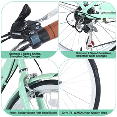 7 Speed City Bike With Basket , Steel Frame,Multiple Colors 22 Inch Girls Bicycle