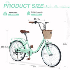 7 Speed City Bike With Basket , Steel Frame,Multiple Colors 22 Inch Girls Bicycle