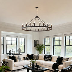 53.15 Inch Matte Black Wagon Wheel Chandelier with 24 light(No Bulbs)-E12