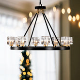 Matte Black + Gold Wagon Wheel Chandelier Farmhouse Modern Small Crystal Round Chandelier for Living Room Kitchen Island Foyer Hallway Entryway Bedroom Rustic Dining Room Light Fixture Ceiling Hanging