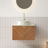 RUBEN 24" Bathroom Vanity&Sink, Floating Plywood Storage Cabinet, Twill Double Doors with Metal Trim, Matte Stone Pattern White Round Ceramic Basin&Sintered Stone Top, Brown Oak Woodgrain (New SKU)