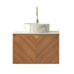 RUBEN 24" Bathroom Vanity&Sink, Floating Plywood Storage Cabinet, Twill Double Doors with Metal Trim, Matte Stone Pattern White Round Ceramic Basin&Sintered Stone Top, Brown Oak Woodgrain (New SKU)