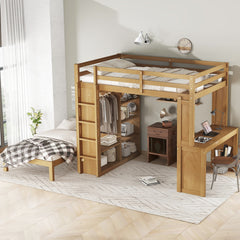 Full XL/Full over Twin Bunk Bed with Dismountable Lower Bed and Desk, Solid Wood Bunk Beds Frame with Built-in Shelves and Wardrobe, Can be Converted into Loft Bed, Natural