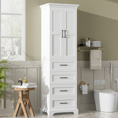 71.6" Free-Standing Bathroom Vanity with 2 Damping-Hinge Doors, 3 Drawers (Including 1 Deep Drawer), Adjustable Shelves, Black Iron Handles, Durable PB Laminate & MDF Construction