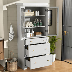 70.1" Modern High Freestanding Tall Bathroom Cabinet with 2 Adjustable Shelves, 3 Drawers, Soft Close Glass Doors – Ideal for Bathroom, Living Room, Kitchen Storage