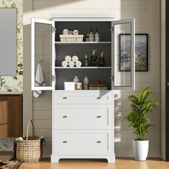 70.1" Modern High Freestanding Tall Bathroom Cabinet with 2 Adjustable Shelves, 3 Drawers, Soft Close Glass Doors – Ideal for Bathroom, Living Room, Kitchen Storage