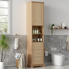 67.7" Tall Freestanding Bathroom Cabinet, Traditional American Style, 1 Door with Adjustable Shelf, 3 Drawers, Open Storage, Gold Metal Handles, Damping Hinges, Space-Saving Design