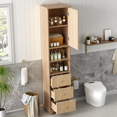 67.7" Tall Freestanding Bathroom Cabinet, Traditional American Style, 1 Door with Adjustable Shelf, 3 Drawers, Open Storage, Gold Metal Handles, Damping Hinges, Space-Saving Design