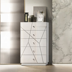 Ultra Modern White Finish Stylish Chest with 5x Storage Drawers Embossed Lines Design Contemporary Bedroom Furniture 1pc Metal Knobs