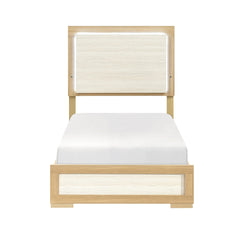 Contemporary Natural and White Finish Twin Size Bed LED Panel Headboard Wooden Bedroom Furniture 1pc