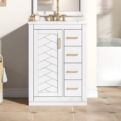 24" Bathroom Vanity with Integrated Ceramic Sink, Bathroom Cabinet with 1 Door, 3 Drawers, Single Sink Bathroom Vanity for Small and Medium Restroom, White