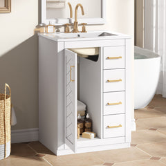 24" Bathroom Vanity with Integrated Ceramic Sink, Bathroom Cabinet with 1 Door, 3 Drawers, Single Sink Bathroom Vanity for Small and Medium Restroom, White