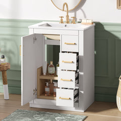 24" Bathroom Vanity with Integrated Ceramic Sink, Bathroom Cabinet with 1 Door, 3 Drawers, Single Sink Bathroom Vanity for Small and Medium Restroom, White