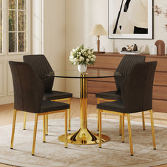 Table and chair set.A 35" Transparent Tempered Glass Round Dining Table-Gold Metal Bracket and Base.Paired with 4 BLACK PU Material High Resilience Dining Chair with Metal Gold Leg.