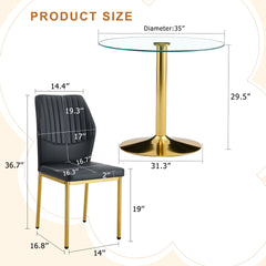 Table and chair set.A 35" Transparent Tempered Glass Round Dining Table-Gold Metal Bracket and Base.Paired with 4 BLACK PU Material High Resilience Dining Chair with Metal Gold Leg.