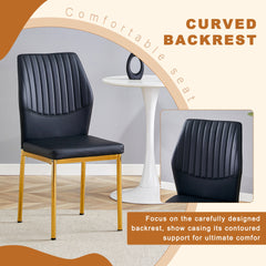 Table and chair set.A 35" Transparent Tempered Glass Round Dining Table-Gold Metal Bracket and Base.Paired with 4 BLACK PU Material High Resilience Dining Chair with Metal Gold Leg.