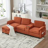 UNITED WE WIN L-type multifunctional corduroy sofa: 4-seater segmented design with cup holder/USB interface/storage box, equipped with movable console+Ottoman style storage space, optimized for Apt.