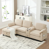UNITED WE WIN L-type multifunctional corduroy sofa: 4-seater segmented design with cup holder/USB interface/storage box, equipped with movable console+Ottoman style storage space, optimized for Apt.