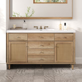 60" Bathroom Vanity with SMC Sink, Modern Large Storage Bathroom Storage Cabinet with Soft Close Drawers and Rattan Doors, Silver Metal Knobs and 5 Pine Legs, Natural