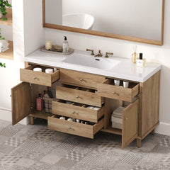 60" Bathroom Vanity with SMC Sink, Modern Large Storage Bathroom Storage Cabinet with Soft Close Drawers and Rattan Doors, Silver Metal Knobs and 5 Pine Legs, Natural