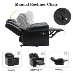 Home Theater Seating Manual Recliner Chair with Center Console and LED Light Strip for Living Room, Black