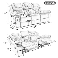 Home Theater Seating Manual Recliner Chair with Center Console and LED Light Strip for Living Room, Black