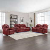 3 Pieces Recliner Sofa Sets Home Theater Seating Manual Recliner Chair with Center Console and LED Light Strip for Living Room, Wine Red