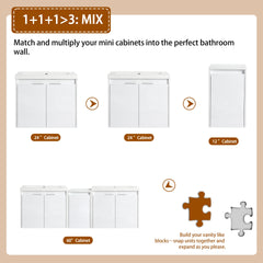 60" Bathroom Vanity With Resin Sink, Soft Close Doors and 1-Side Cabinet, Float Mounting Design, Glossy White, Plywood(KD-Packing)-24"x2 + 12"