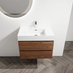 30" Wall-Mounted Bathroom Vanity With Resin Sink, 2-Soft Close Drawers, KD-Package