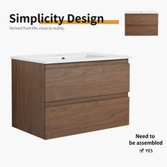 30" Wall-Mounted Bathroom Vanity With Ceramic Sink, 2-Soft Close Drawers, KD-Package